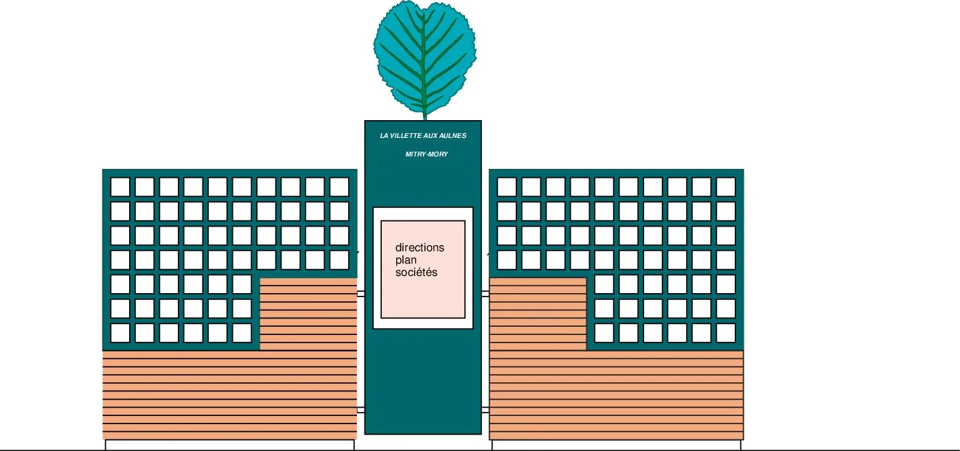 Élévation du relais d'information : le pilier couronné de la petite feuille d'aulne, entre deux murets de brique surmontés de treillis.