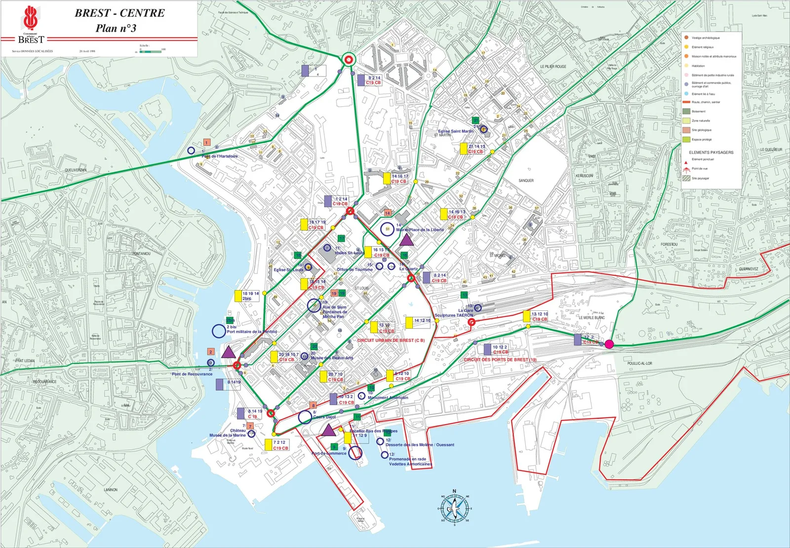Plan n°3, Brest-Centre : les pôles d'intérêt, les circuits et les points de signalétique de l'étude touristique.