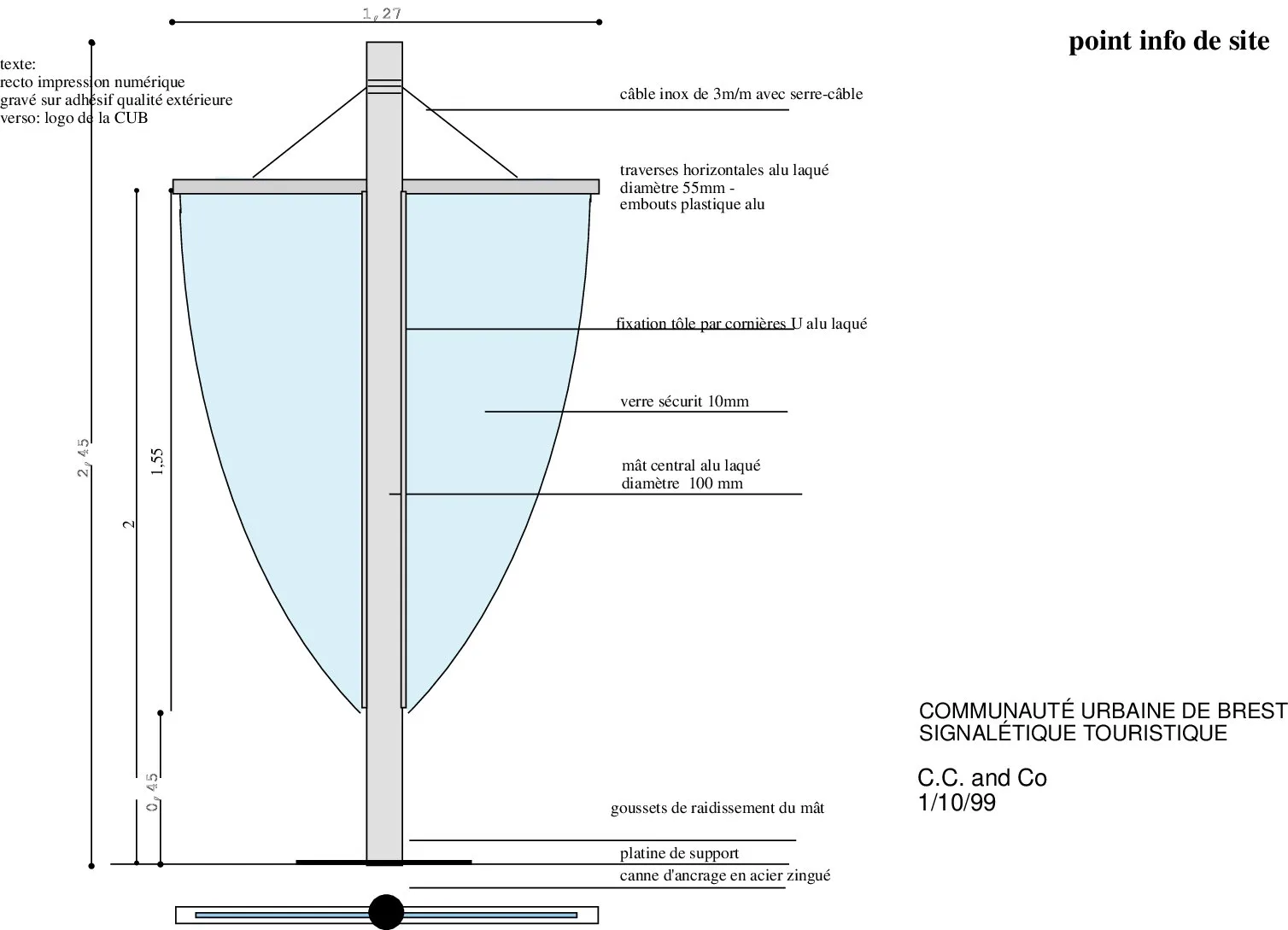 Le point information de site, dessin coté de CC and Co d'octobre 1999 : une voile de verre sécurit tendue sur un mât d'aluminium laqué.