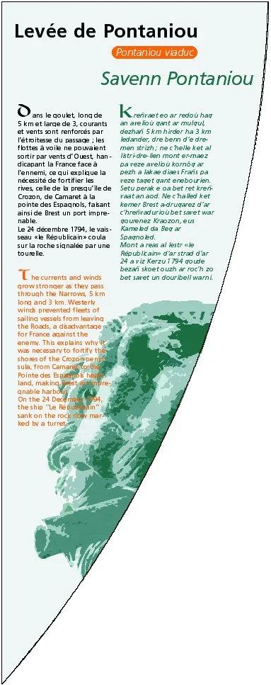 Une voile de la charte graphique de novembre 2001 : « Levée de Pontaniou », texte en français, en anglais et en breton.