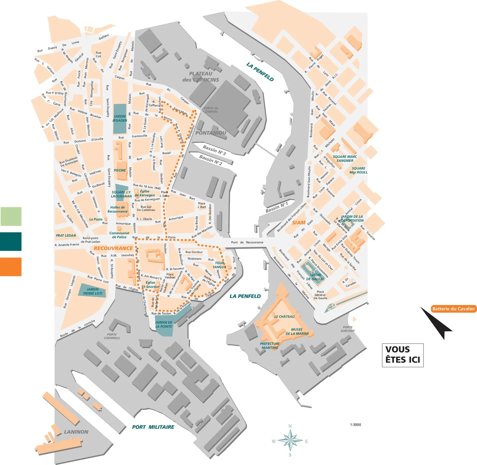 Plan du quartier de Recouvrance, ses rues et le repère « Vous êtes ici », établi pour le recensement des implantations.