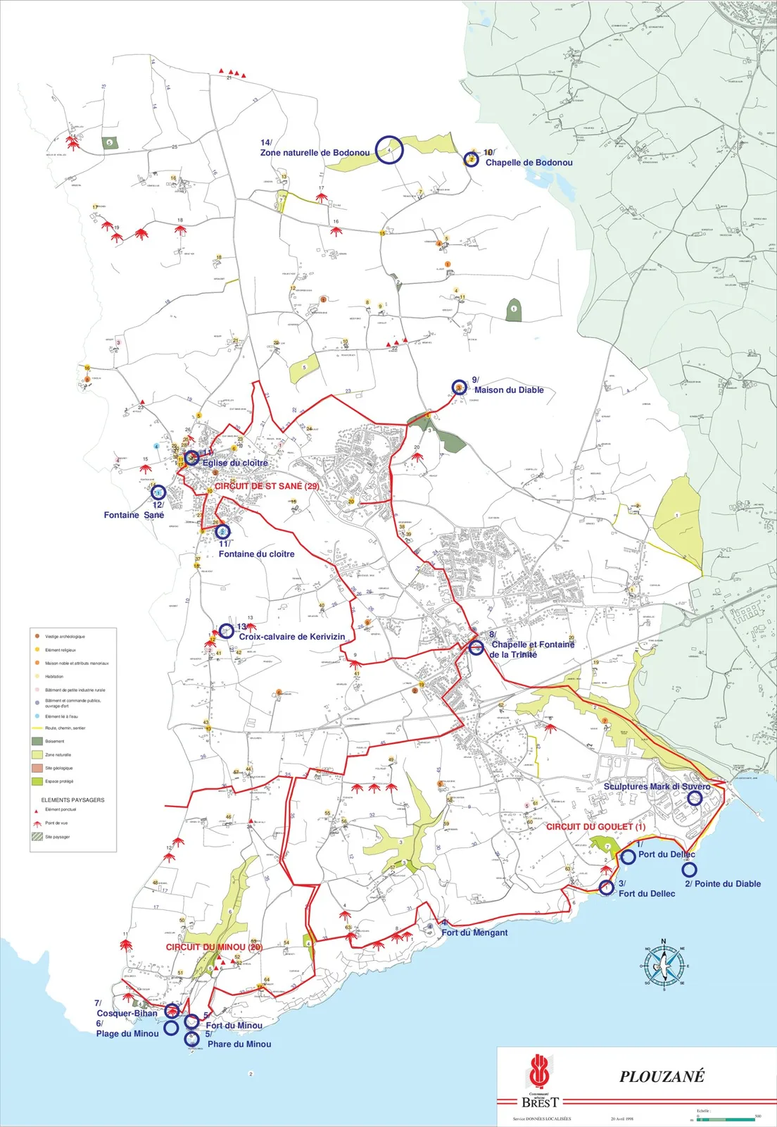 Plan des pôles d'intérêt de Plouzané, circuits et sites repérés sur la commune.