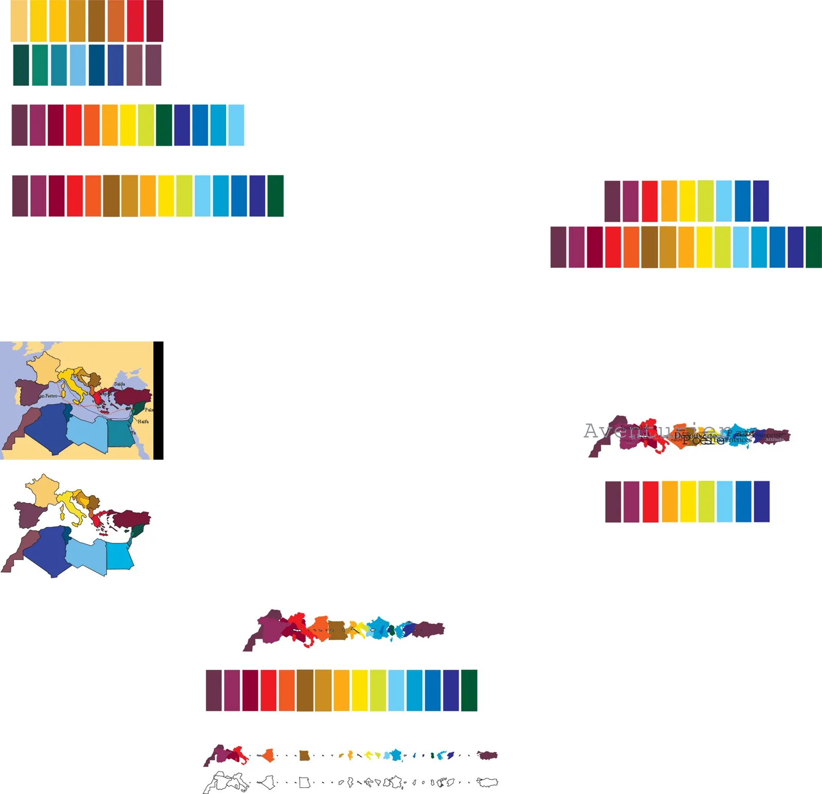 Gammes de couleurs et pays méditerranéens colorés, recherche pour les planches Terres méditerranéennes et Peuples colorés.