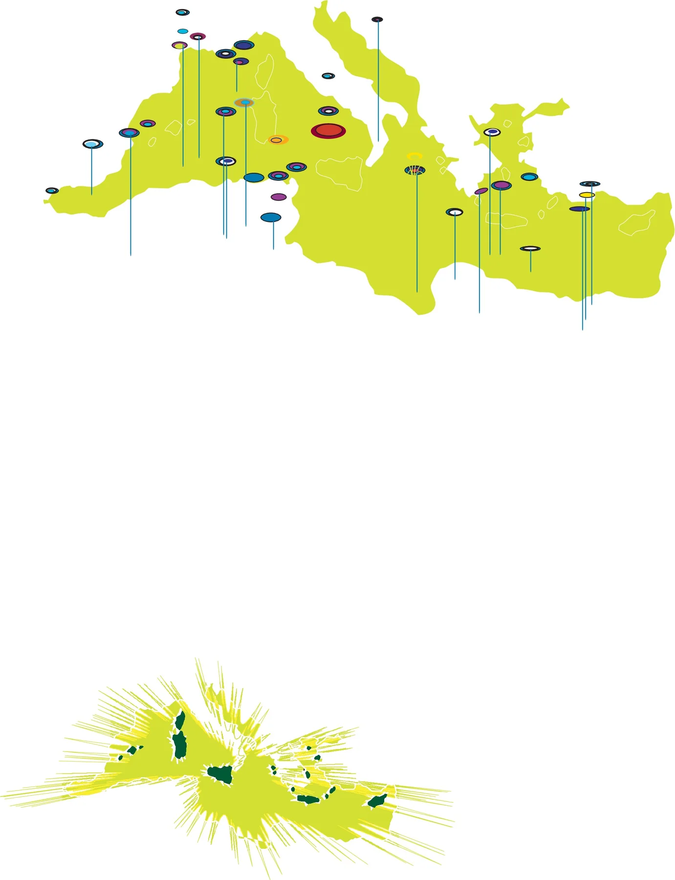 La Méditerranée en vert tendre, piquée de repères, puis en éclats.