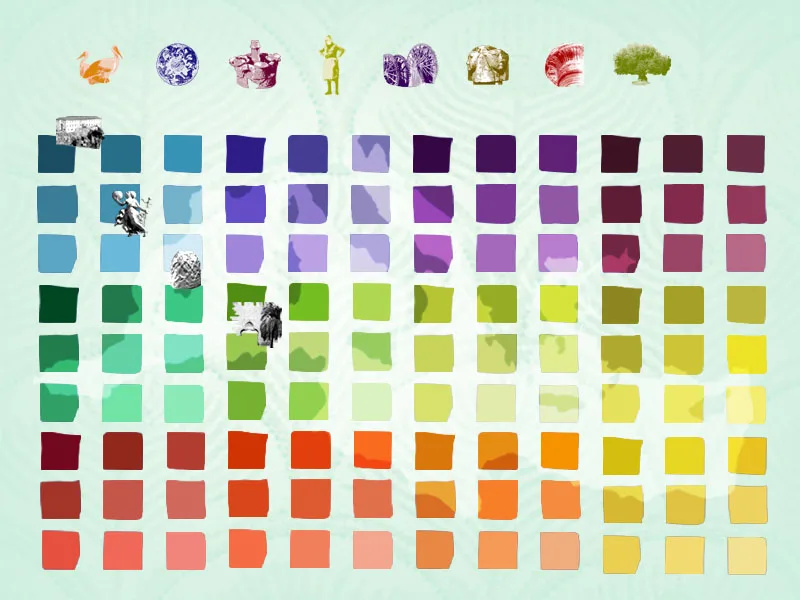 Écran d'introduction : la grille de couleurs, où chaque carré ouvre un univers.