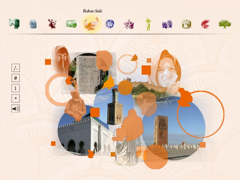Écran Rabat-Salé : la tour Hassan, le mausolée, une stèle et des visages, dans la gamme orange du site.