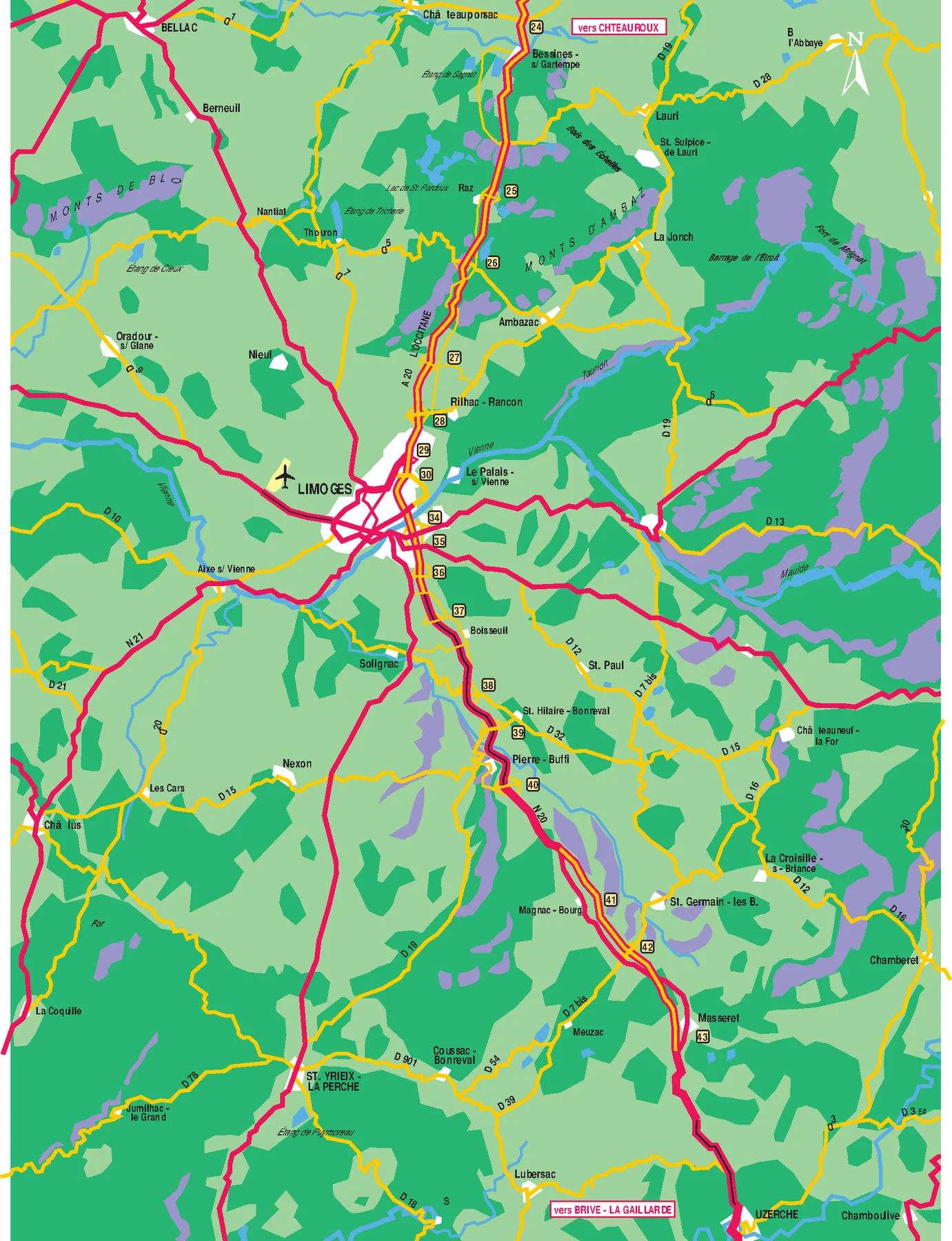La carte du relais, autour de Limoges, de Châteauponsac à Uzerche : l'A20 en rouge et les numéros de ses sorties.