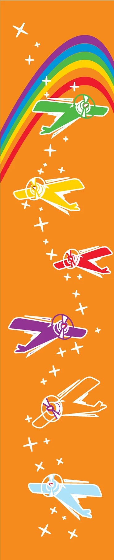 Bandeau de la porte de la salle polyvalente : avions et arc-en-ciel sur fond orange.
