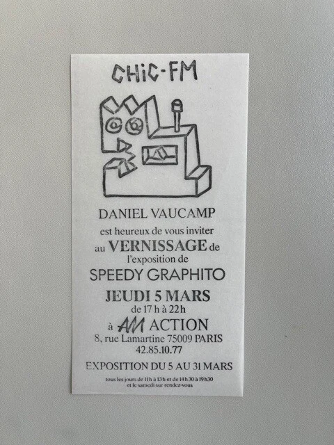 L'invitation de Chic-FM au nom de Daniel Vaucamp : vernissage le jeudi 5 mars de 17 h à 22 h, exposition du 5 au 31 mars.
