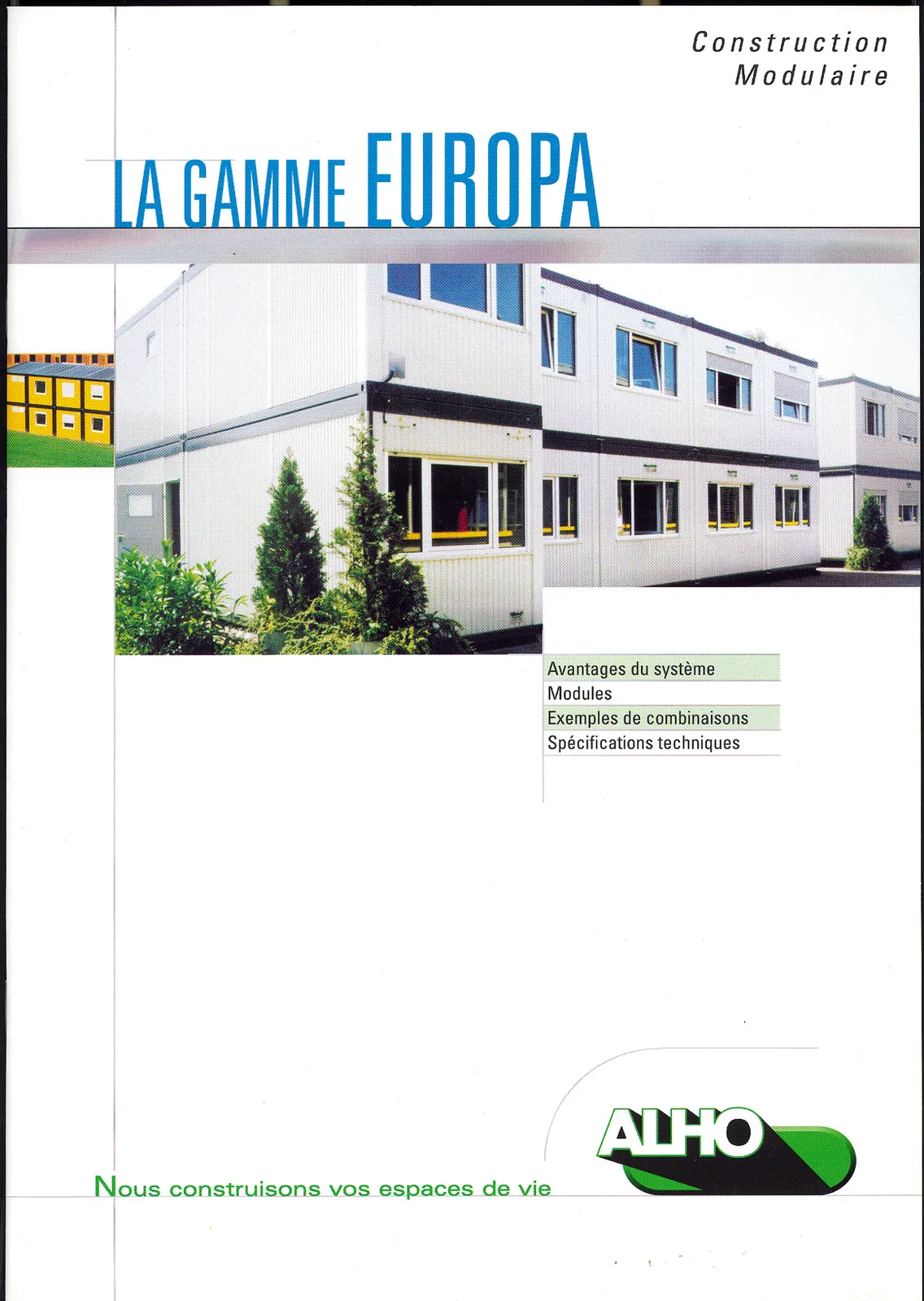 Couverture de la brochure « La gamme Europa » d'ALHO, avec un bâtiment modulaire et la signature « Nous construisons vos espaces de vie ».