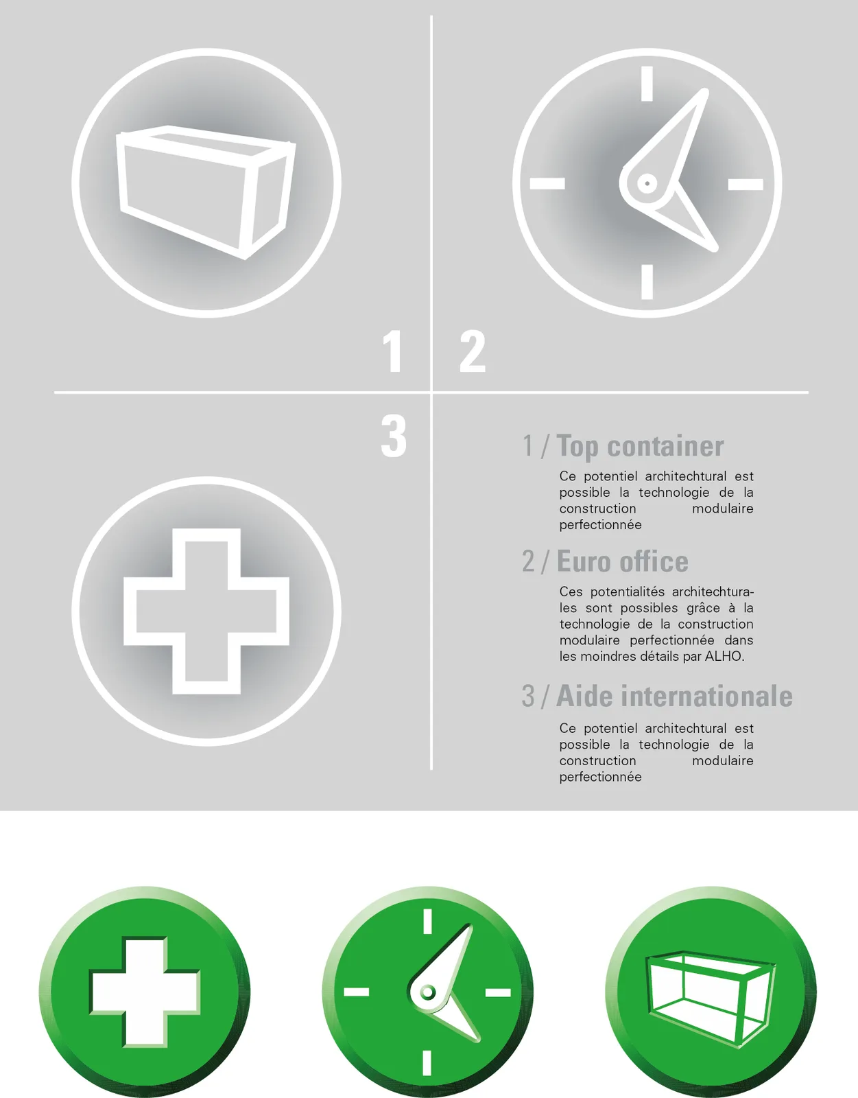Planche de charte : trois pictogrammes ronds, Top container, Euro office, Aide internationale, en gris puis en vert.