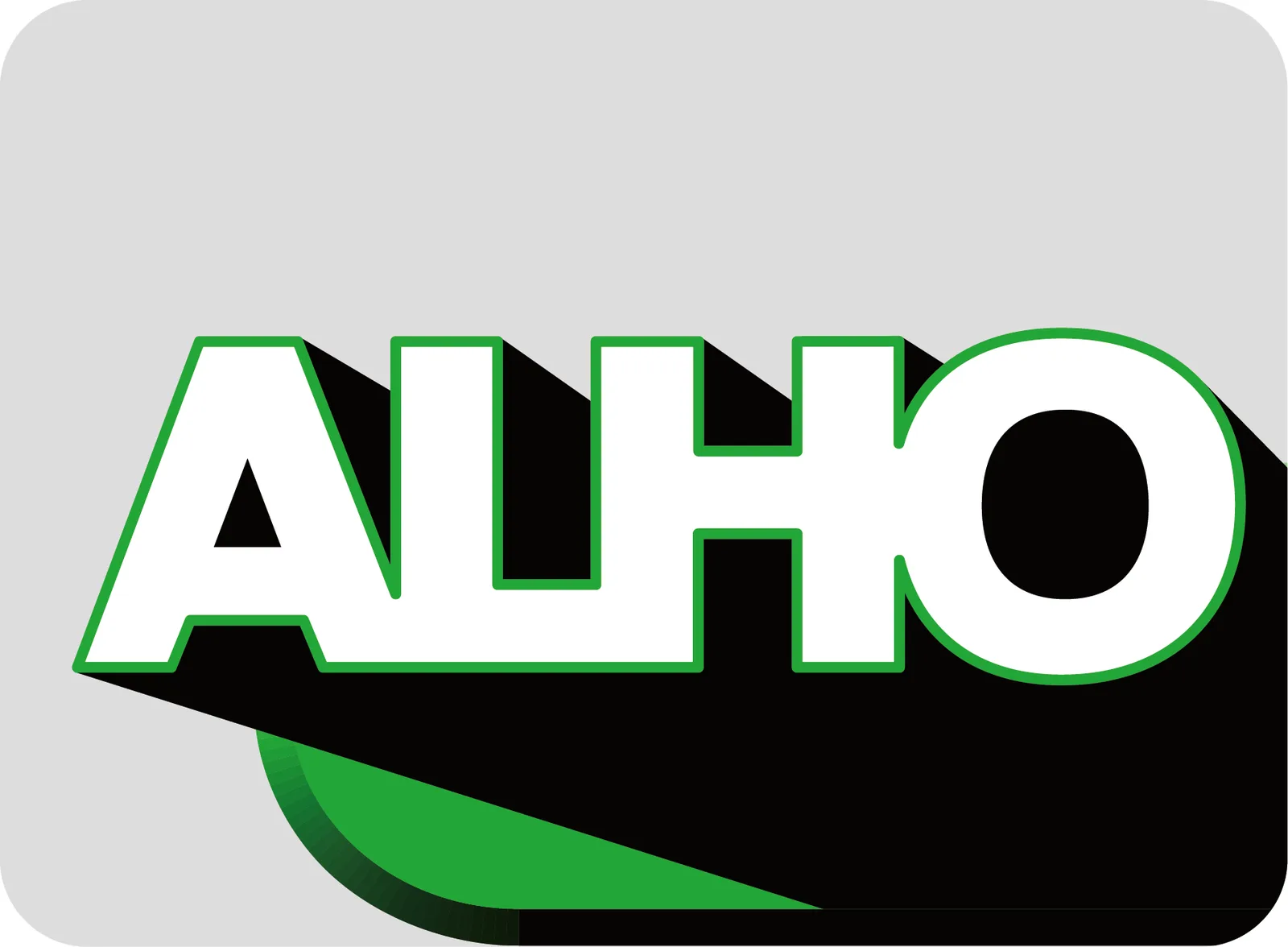 Tapis de souris gris arrondi portant le logo ALHO en vert, noir et blanc.