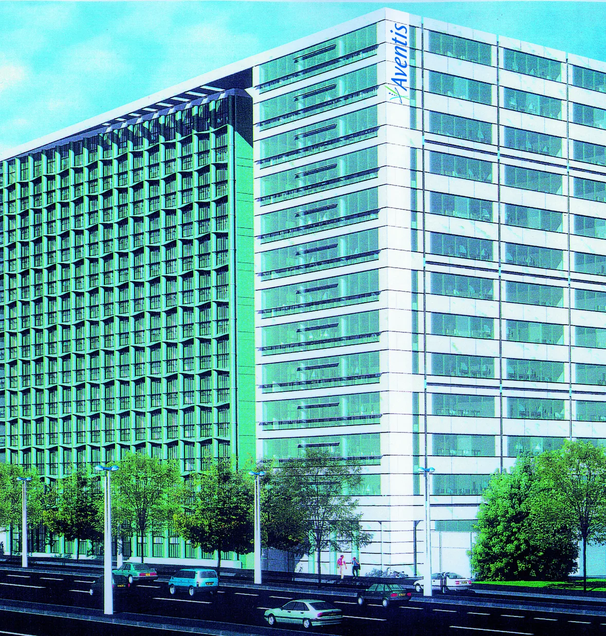 Immeuble de grande hauteur à façade vitrée verte, logo Aventis vertical en façade.