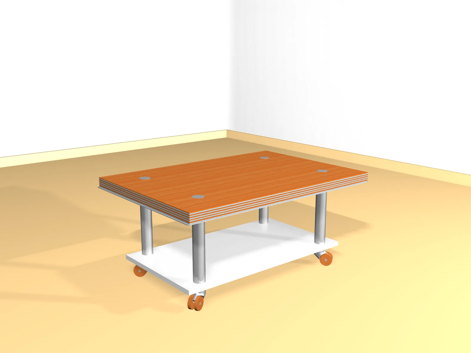 Perspective en image de synthèse d'une table basse en bois sur pieds métalliques et roulettes.