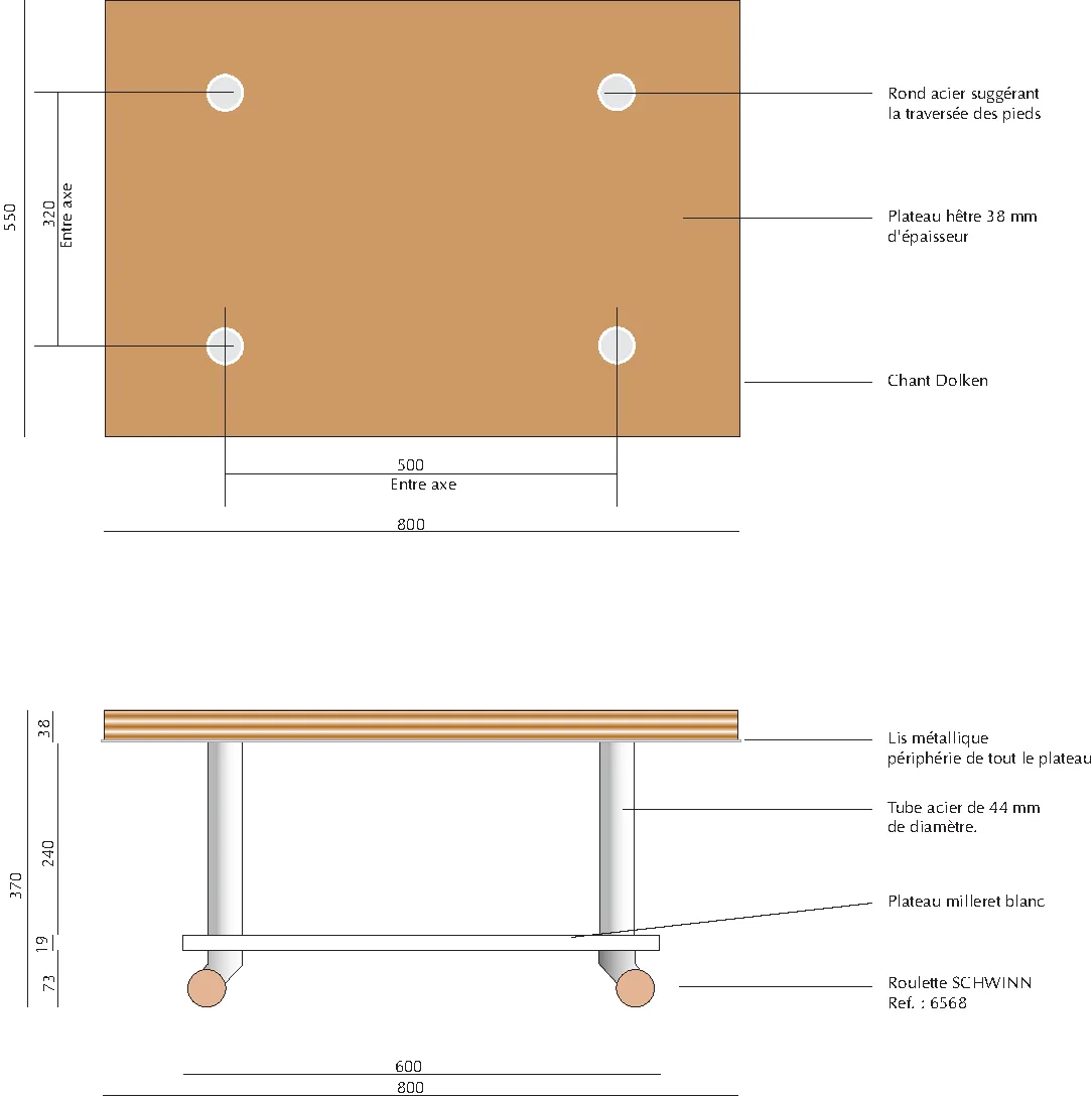 Plan coté d'une table à roulettes : vue de dessus et élévation, avec annotations de matériaux.