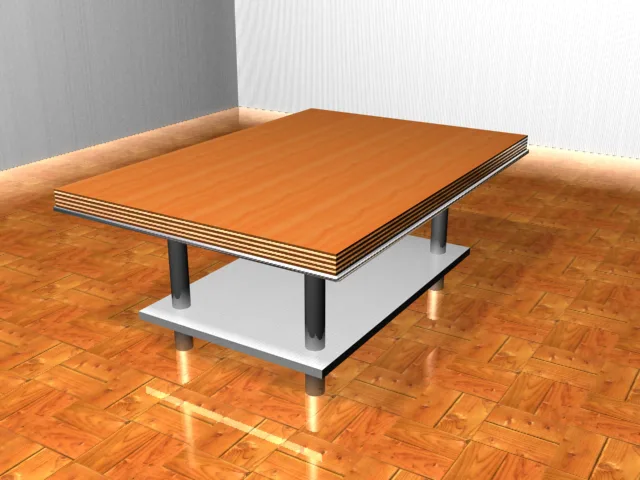 Image de synthèse de la « table Jonathan » : plateau en bois multiplis, pieds chromés, sur parquet.