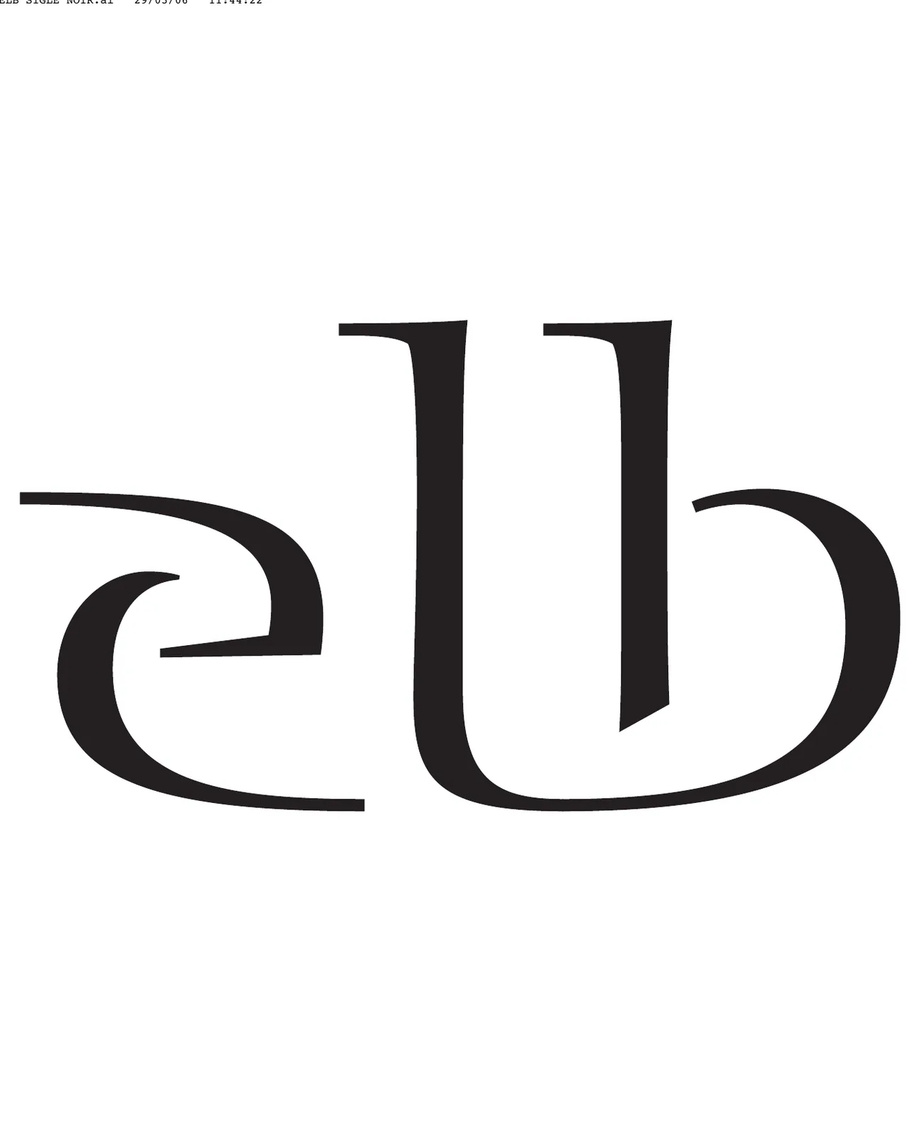 Sigle « elb » en noir, lettres calligraphiées liées.