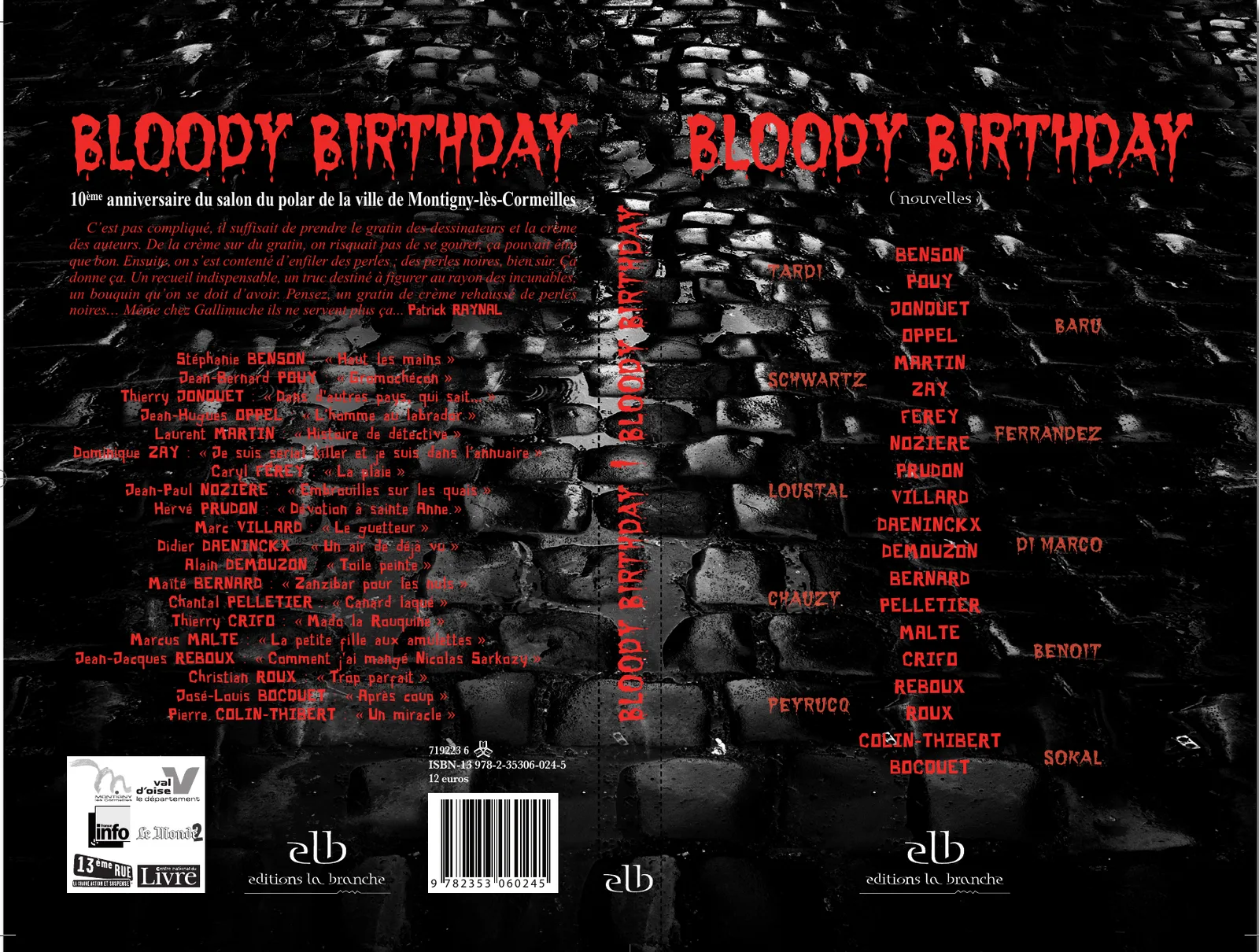 Couverture dépliée de « Bloody Birthday » : titre rouge sur fond de pavés sombres, noms des auteurs, logo elb.