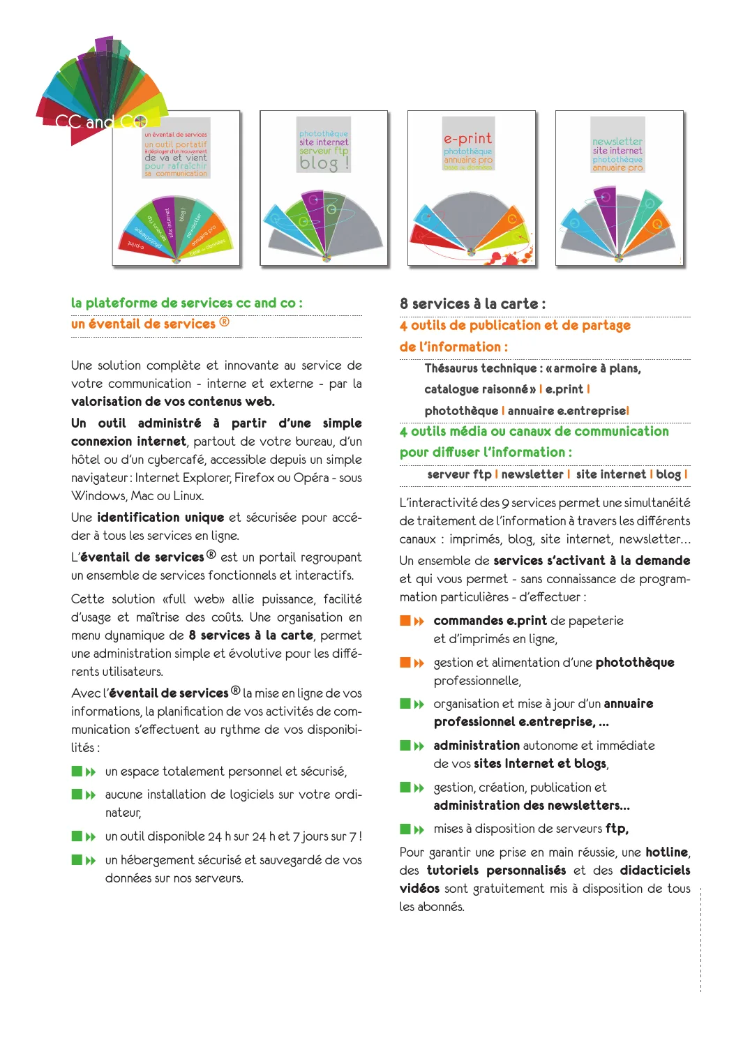 Page de plaquette « la plateforme de services cc and co : 8 services à la carte », éventails de couleur.
