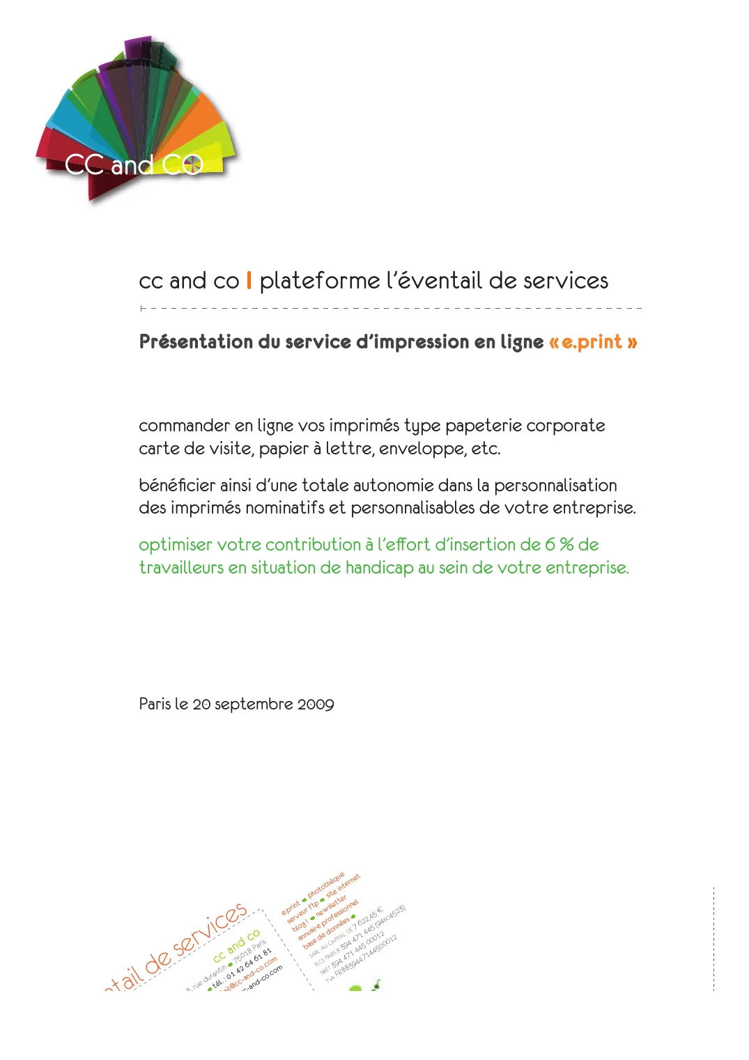 Page de garde « Présentation du service d'impression en ligne e.print », 20 septembre 2009.