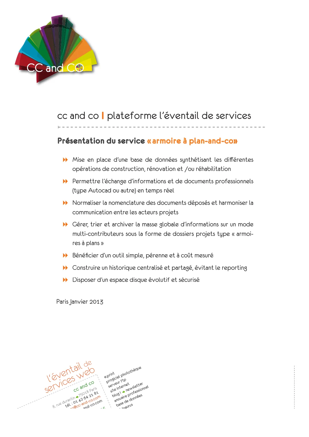 Page de garde « Présentation du service armoire à plan-and-co », janvier 2013.