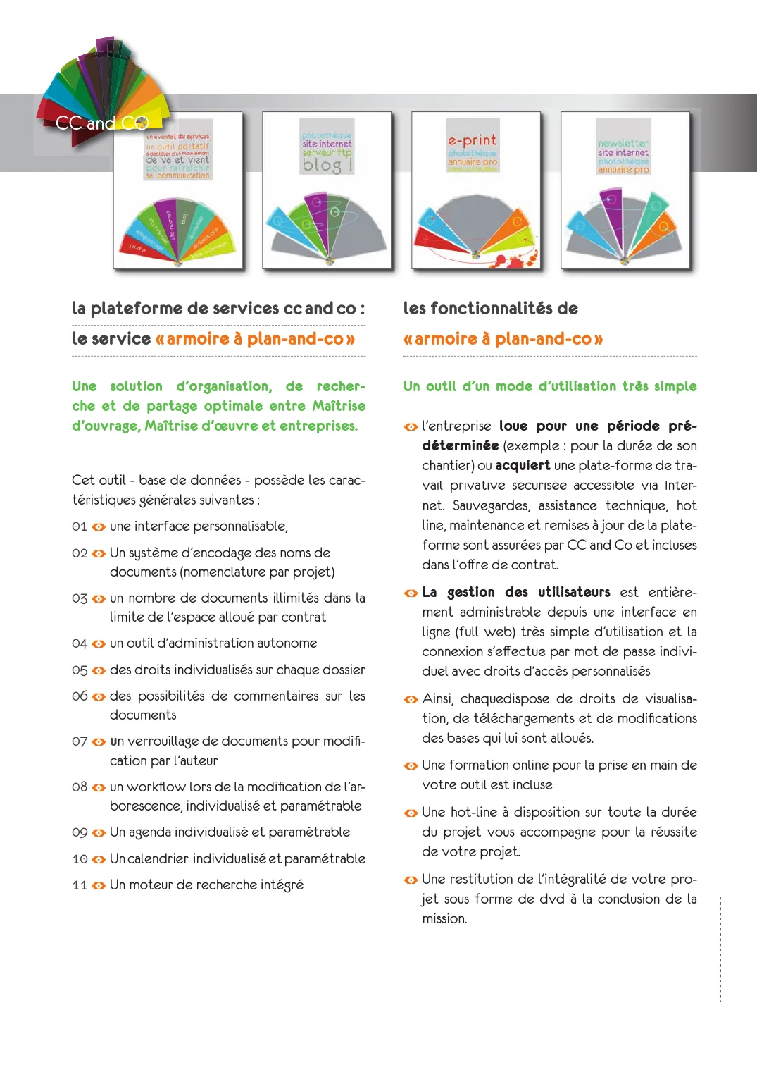 Page des fonctionnalités de l'armoire à plans, deux colonnes de texte.