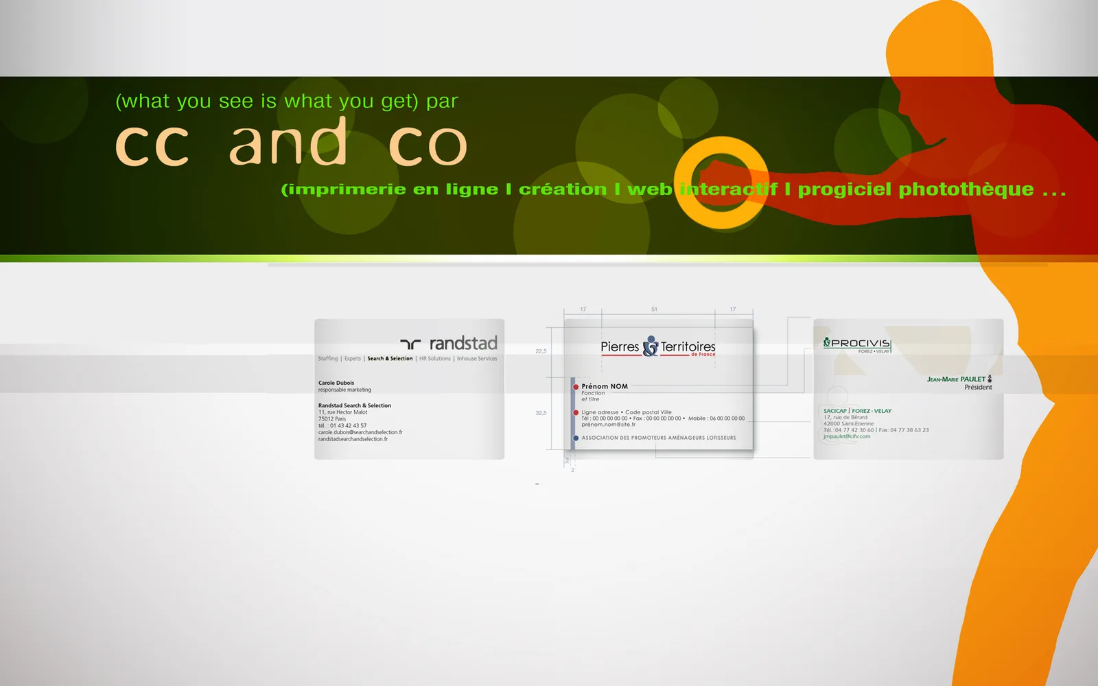 Bandeau d'accueil du site cc and co : « imprimerie en ligne, création, web, intranet, progiciel photothèque ».