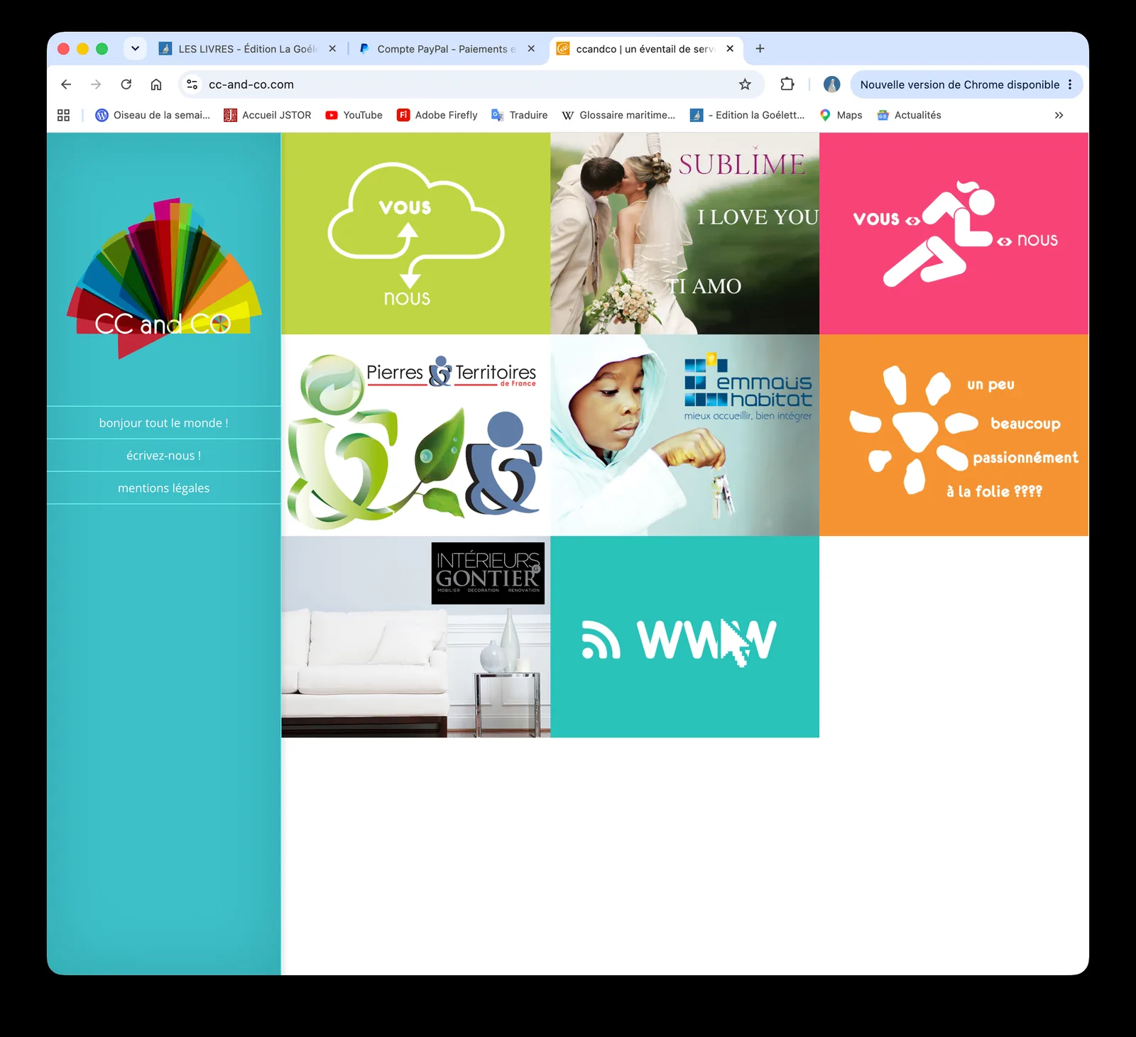 Capture du site « un éventail de services » : mosaïque de tuiles de couleur et de références clients.