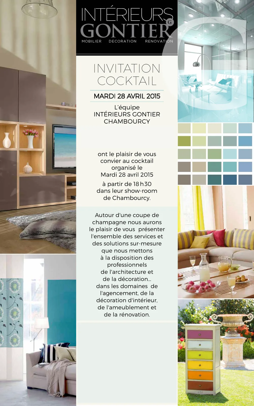 Invitation « Invitation cocktail, mardi 28 avril 2015 », Intérieurs Gontier Chambourcy, entre photos de meubles et nuancier.
