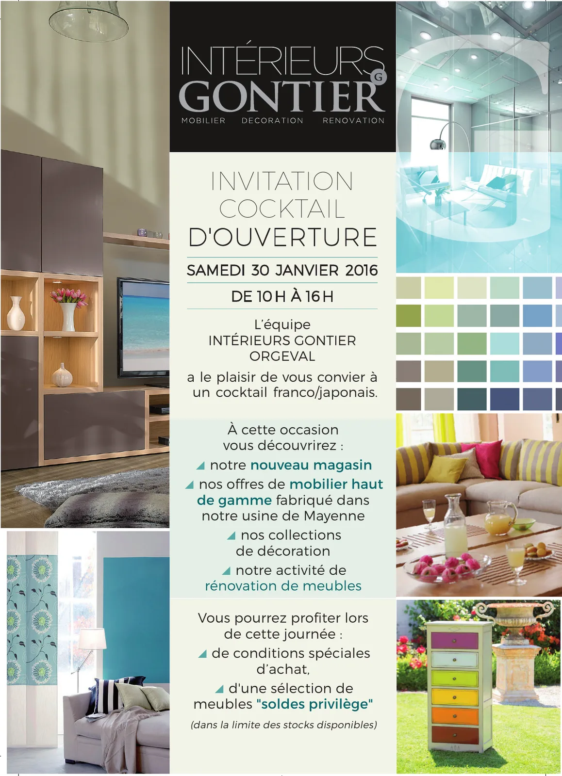 Invitation « Cocktail d'ouverture, samedi 30 janvier 2016 », Intérieurs Gontier Orgeval.