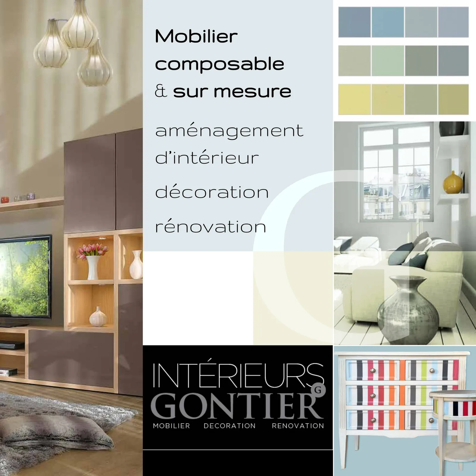 Couverture carrée : « Mobilier composable & sur mesure, aménagement d'intérieur, décoration, rénovation », logo Intérieurs Gontier.