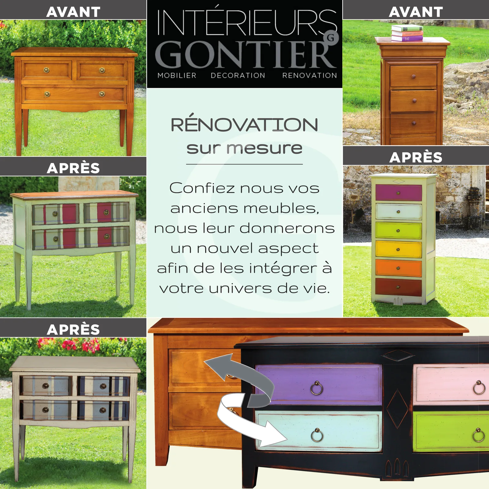 PLV « Rénovation sur mesure » : meubles avant et après rénovation.
