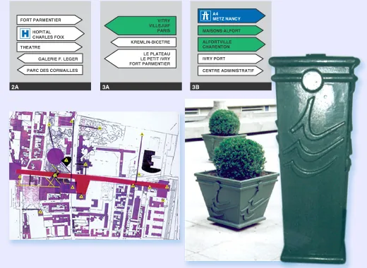 Planche réunissant le plan, des panneaux directionnels, une jardinière et un élément de mobilier vert.
