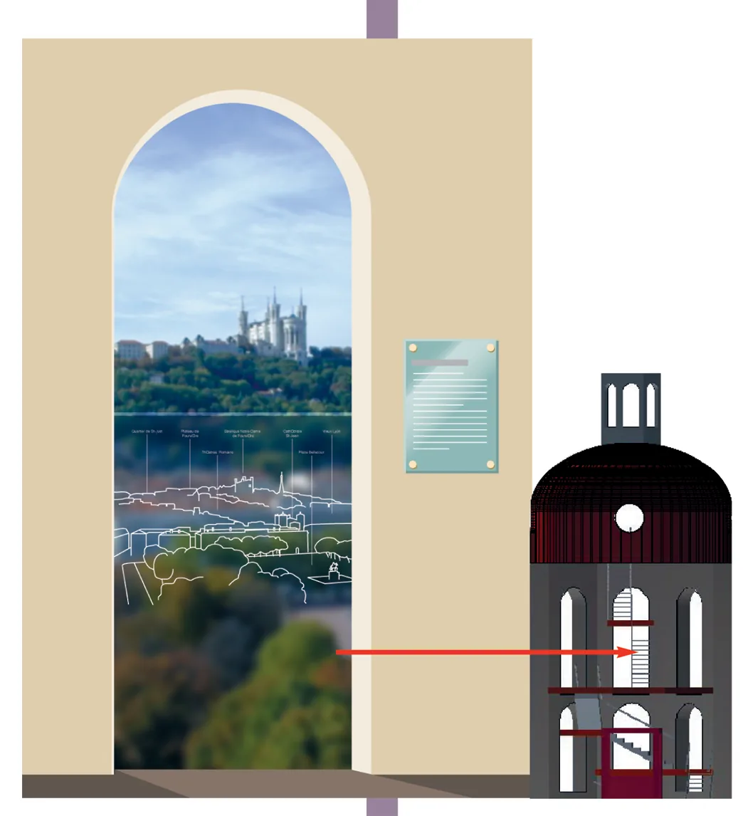 Montage d'une baie cintrée ouvrant sur Fourvière, à côté de la coupe du sommet du clocher.