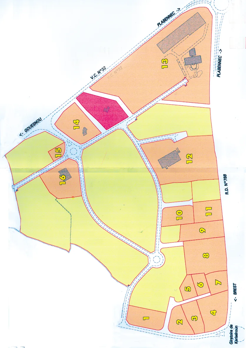 Plan de la zone d'activités de Penhoat, lots numérotés de 1 à 16, entre Plabennec, Gouesnou et Brest.