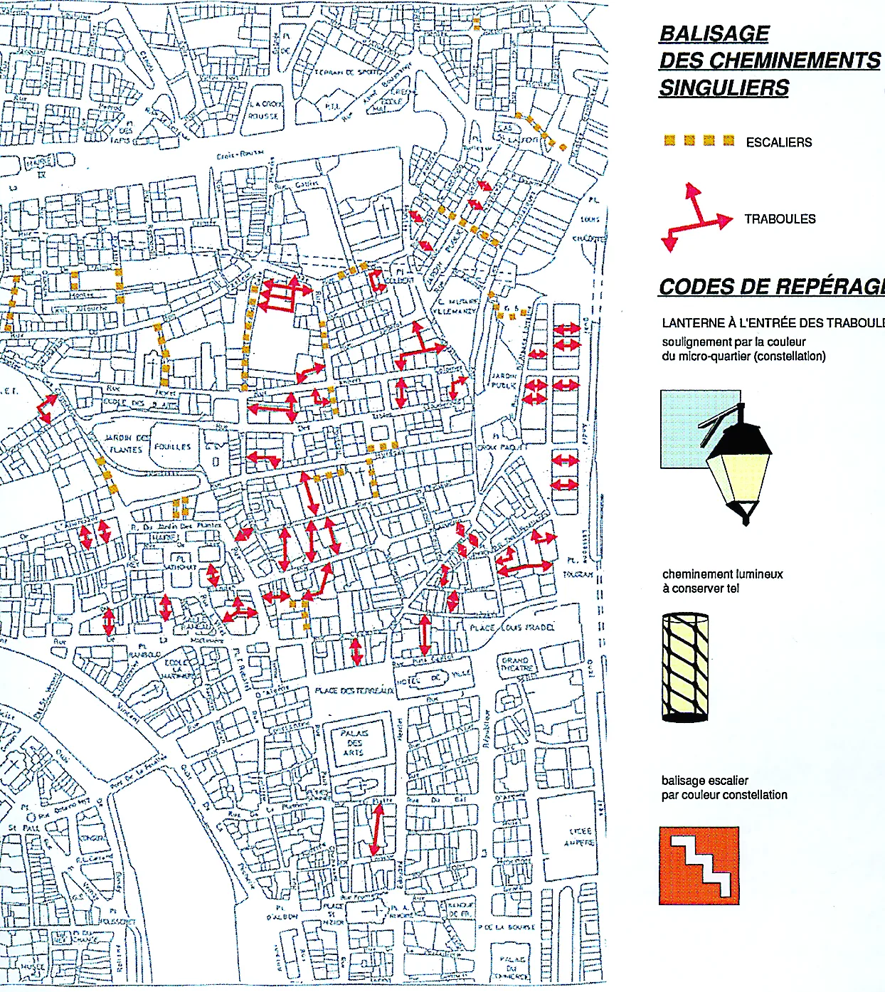 Plan des Pentes de la Croix-Rousse avec le balisage des cheminements singuliers, escaliers et traboules, et ses codes de repérage.