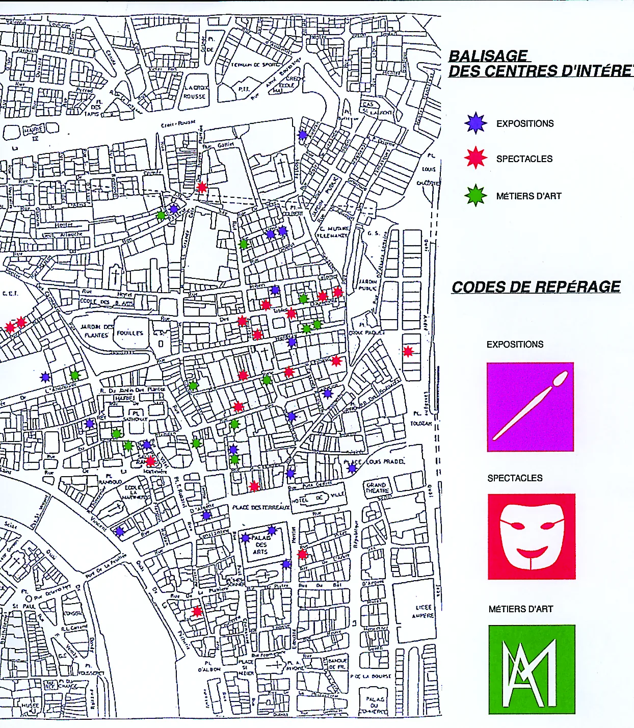Plan des Pentes avec le balisage des centres d'intérêt, expositions, spectacles et métiers d'art.