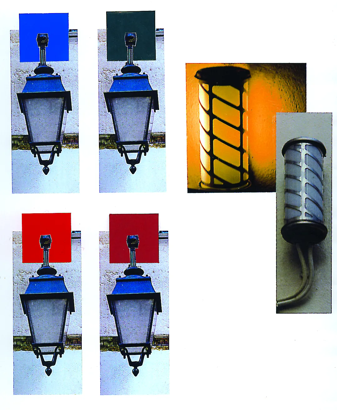Planche de lanternes de rue photographiées sur fonds de couleur, servant de codes de repérage.
