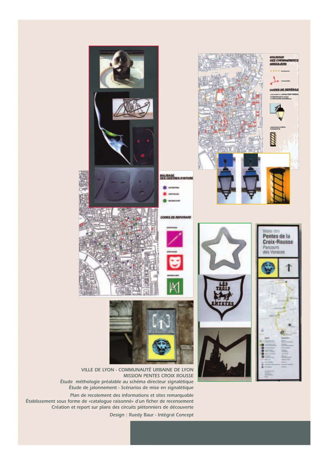 Page du book de références de CC and Co consacrée aux Pentes de la Croix-Rousse, plans, pictogrammes et photographies.
