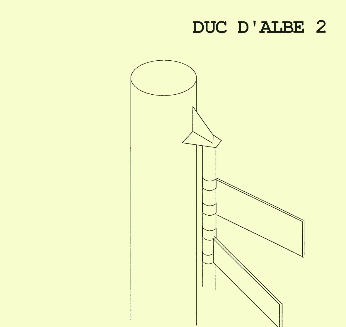 Dessin au trait d'un duc d'Albe cylindrique portant des panneaux directionnels.