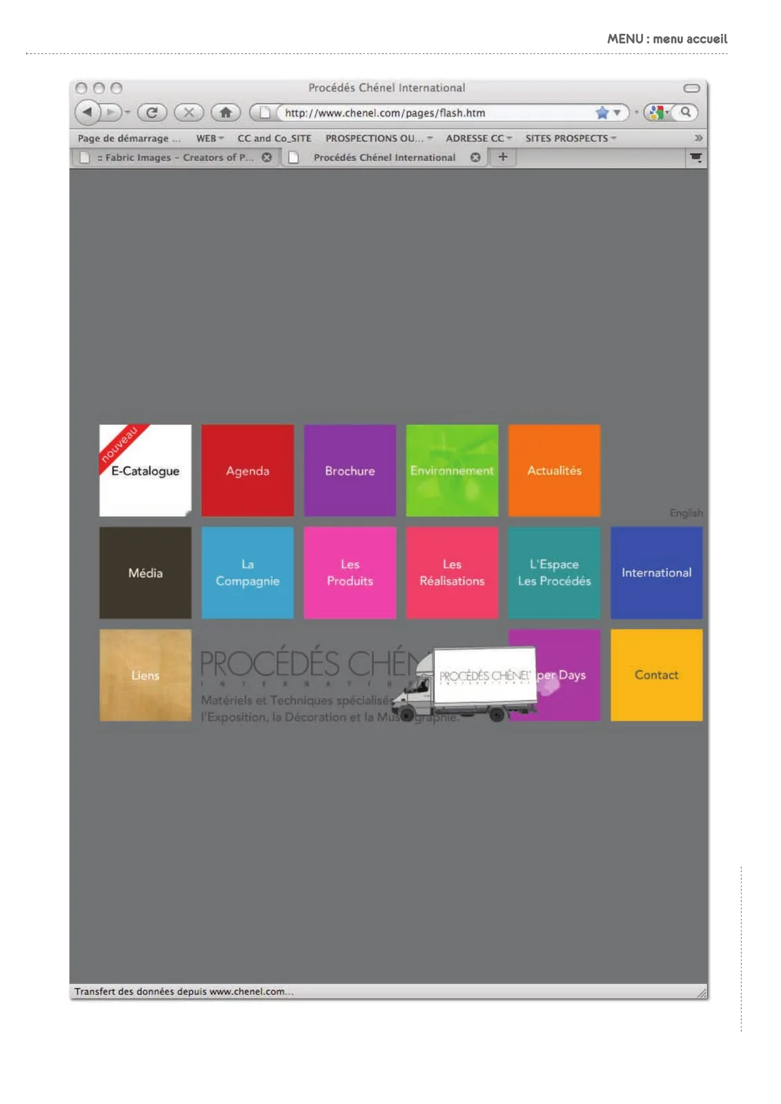 Page d'analyse du site existant : capture du menu d'accueil en carrés de couleur.