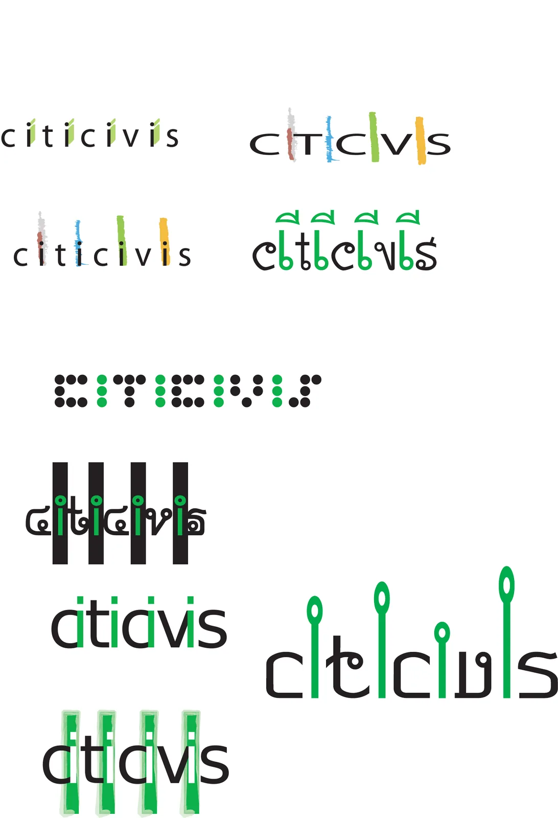Planche de recherches typographiques sur le nom « Citicivis », en vert et noir.