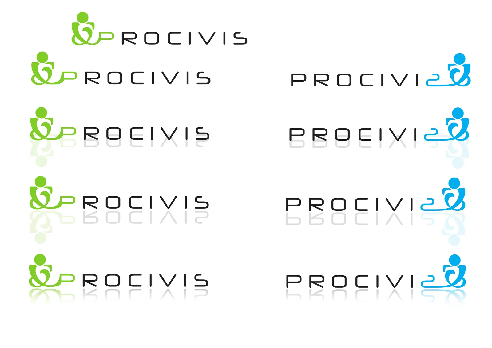 Planche de variantes du logotype Procivis construit sur une esperluette verte.
