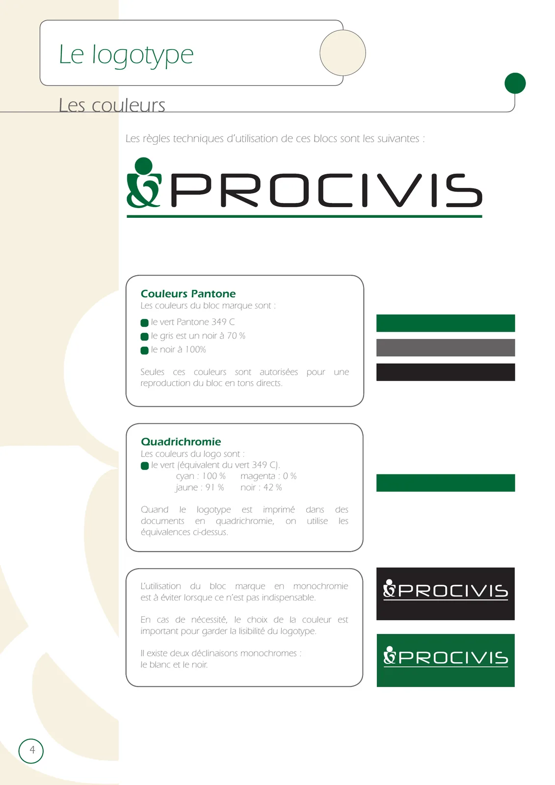 Page de la charte consacrée au logotype et à ses couleurs, vert Pantone, gris et noir.