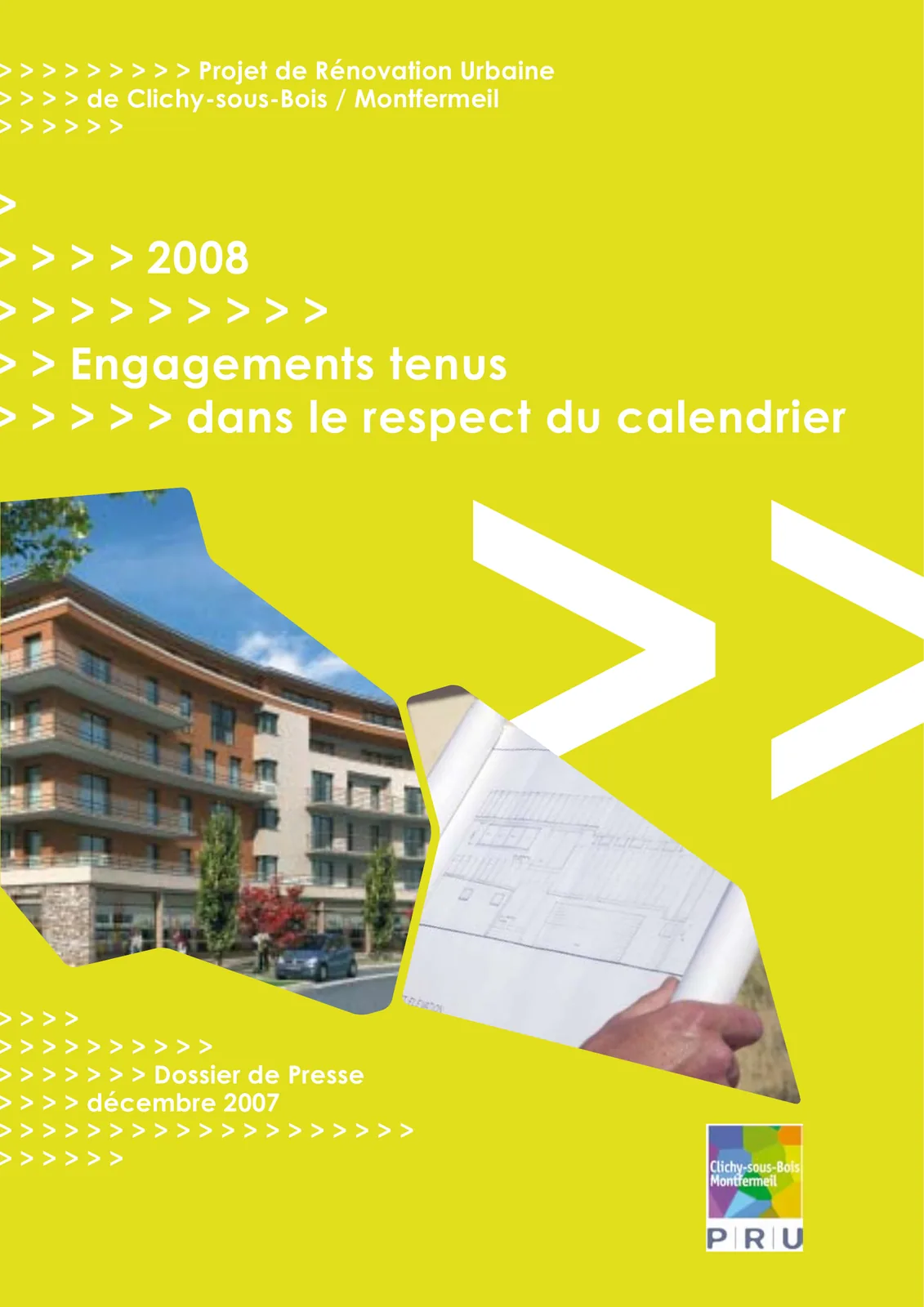Couverture jaune vif avec chevrons blancs et photo d'immeuble neuf.