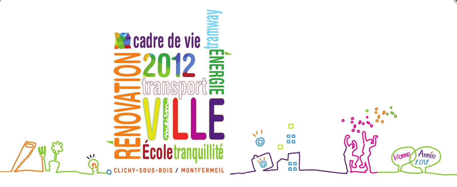 Carte de vœux typographique : « Rénovation, cadre de vie, 2012, ville, école », et dessins au trait colorés.
