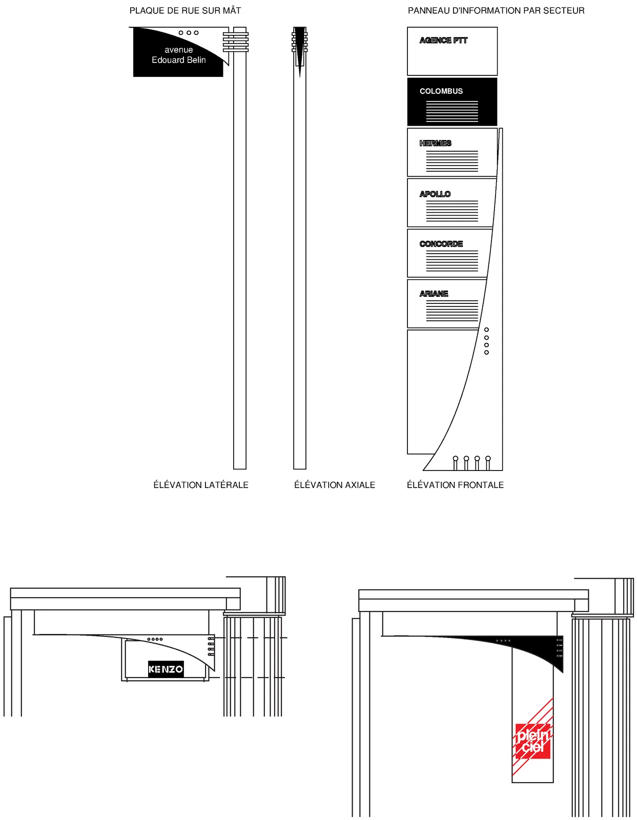 Dessins techniques de la signalétique de Rueil 2000 : plaque de rue sur mât, panneau d'information par secteur, élévations.