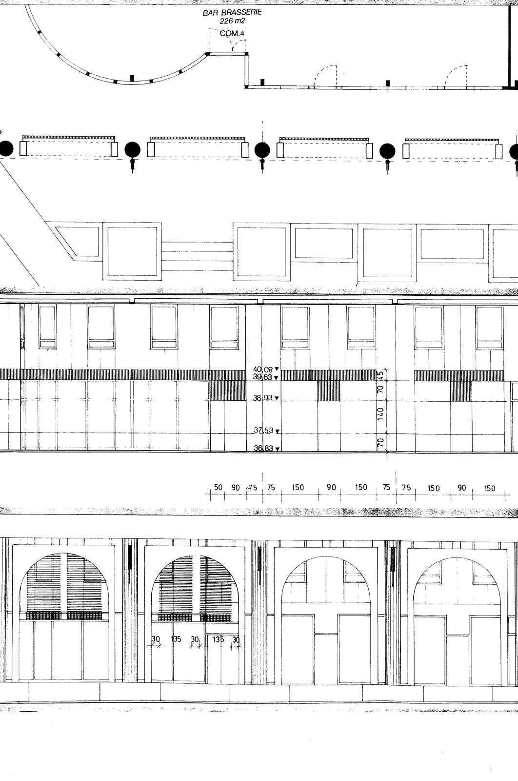 Dessin au trait des façades de Rueil 2000, arcades et devantures en rez-de-chaussée.