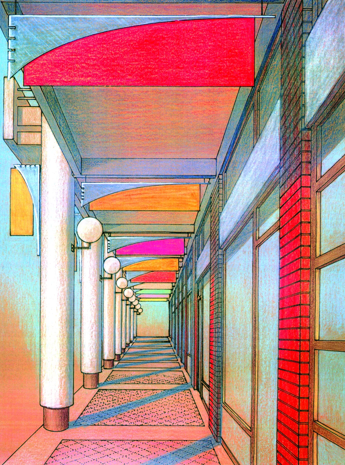 Perspective colorée d'une galerie à arcades rythmée de lampes et d'enseignes.