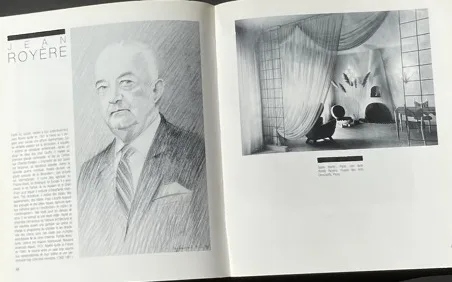 Double page consacrée à Jean Royère : portrait dessiné à gauche, photographie d'un intérieur à droite.